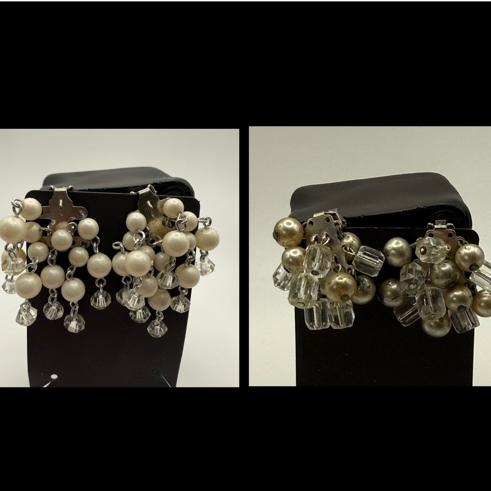 Chandelier Pearl Crystal Vintage Clip On Earrings Dangle Vintage Glamour Sparkle